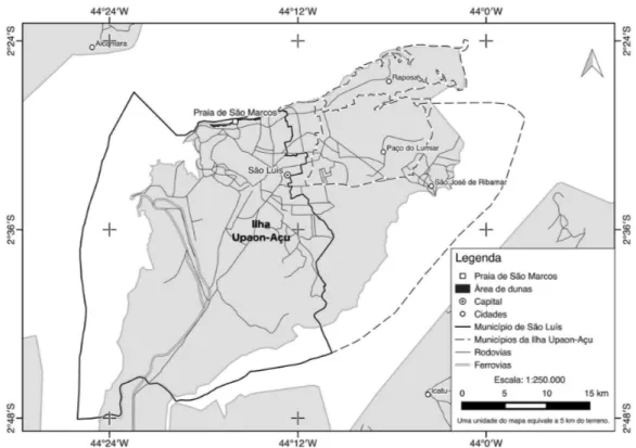 Figura 1.  Localização geográfica das dunas da Praia de São Marcos (área de amostragem), São Luís, Maranhão.