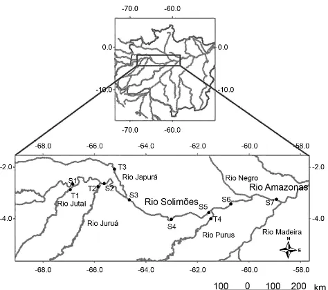 Figura 1.  Área de estudo, calha do rio Solimões, onde os pontos marcados em S são os pontos da calha do Solimões e em T os pontos nos Tributários.