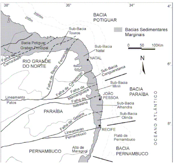 Figura 2.4: Divisão das Bacias Pernambuco, Paraíba e Potiguar .  Fonte: Barbosa et al