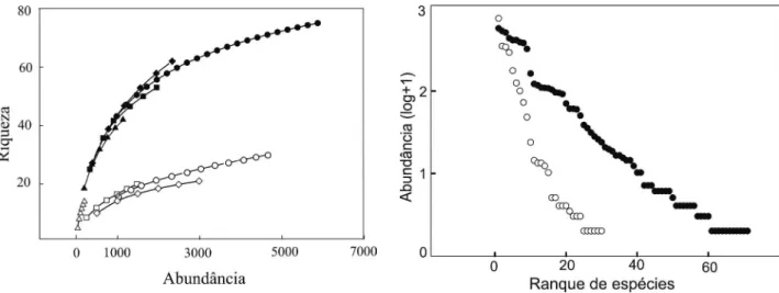 Figura 1.  Curvas de rarefação para besouros rola-bostas coletados com pitfall  iscados com baço bovino (quadrados), fezes humanas (losangos), fezes  bovinas (triângulos) e com todas as iscas somadas (círculos) em áreas de  florestas (símbolos fechados) e 