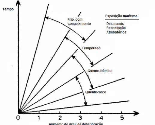 Figura 2.2 - Influência das diferentes zonas climáticas e de maré sobre o desempenho das estruturas marítimas  (traduzido de Mehta, 1991) 
