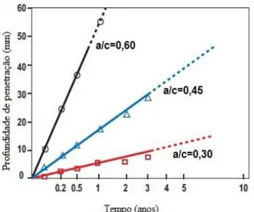 Figura 2.9 - Comparação da relação água-cimento com a profundidade de penetração (Collepardi, 2008) 