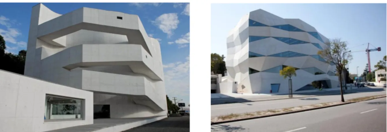 Figura 2.22 – À esquerda: edifício de betão branco em Porto Alegre (Brasil) projetado pelo arquiteto Siza Vieira  (www.tecnosilbr.com.br) ; À direita: edifício da Vodafone no Porto em betão à vista (Secil) 