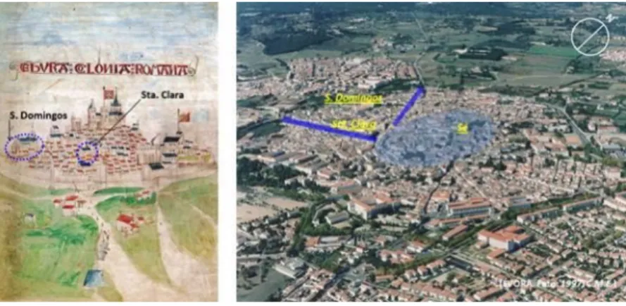 Fig. 9 - Convento de S. Domingos. Proposta de reconstituição da evolução urbana da envolvente sobre planta da cidade, do séc