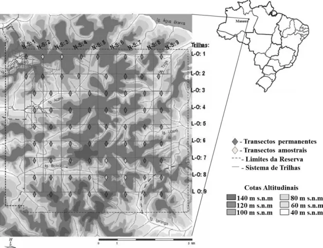 Figura 1 - Mapa da Reserva Ducke (INPA), Manaus, AM, com sistema de trilhas e áreas amostrais