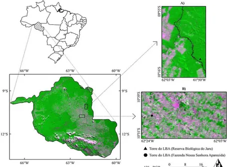 Figura 1 -  Localização das regiões de estudo no estado do Rondônia (RO). A) Região da RBJ e B) Região da FNSA