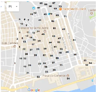 Figura 6 - Mapa das ruas da Baixa-Chiado visitadas (legenda em apêndice). 