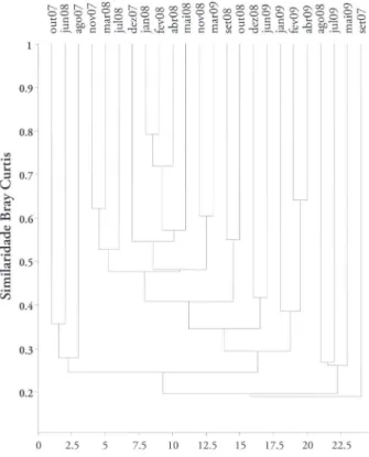 Figura 2 - Análise de agrupamento (UPGMA) baseado no índice de Bray  Curtis para Arctiinae capturados com armadilha luminosa em um fragmento  florestal em Altamira, PA, Brasil, no período de agosto de 2007 a julho de 2009.