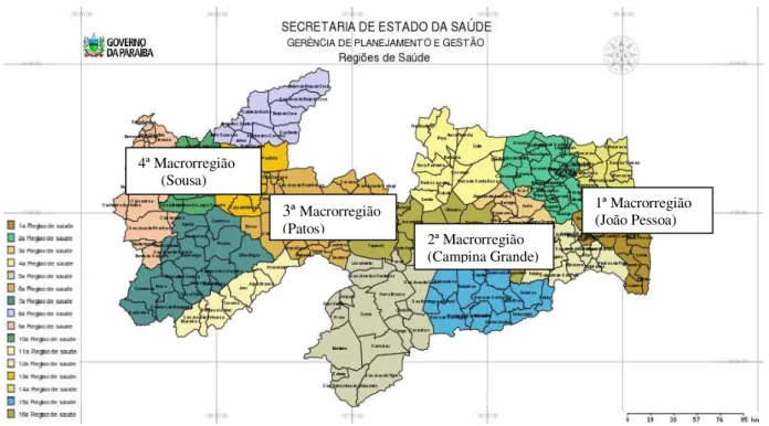 Figura  01.  Mapa  das  macrorregiões  de  saúde  do  estado  da  Paraíba,  com  seus  municípios abrangentes