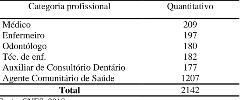 Tabela 1 – Distribuição quantitativa dos profissionais que compõem a equipe da ESF no  município de João Pessoa  –  PB, Brasil, 2010