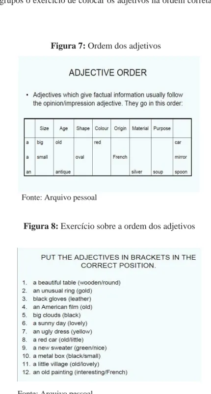 Figura 8: Exercício sobre a ordem dos adjetivos
