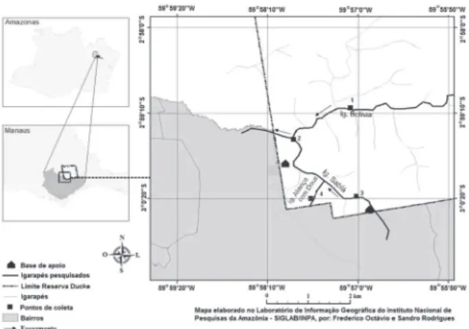 Figura 1 - Localização das estações de coleta: 1- Igarapé Bolívia (em área  preservada), 2 - Igarapé Sabiá (dentro da reserva e antes de encontrar-se com  o igarapé Bolívia), 3 – Igarapé Sabiá (Sabiá II - na borda da reserva – Base  de apoio) e 4 – Igarapé