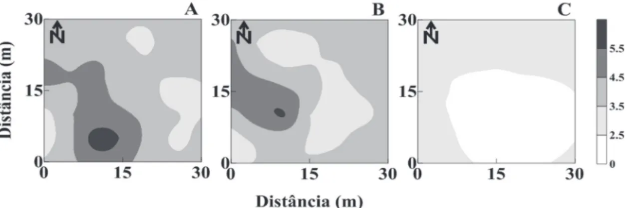 Figura 3 -  Mapa de isolinhas da distribuição espacial do estoque de carbono  (Mg ha -1 ) da biomassa das plantas daninhas em pastagem de capim-Marandu 