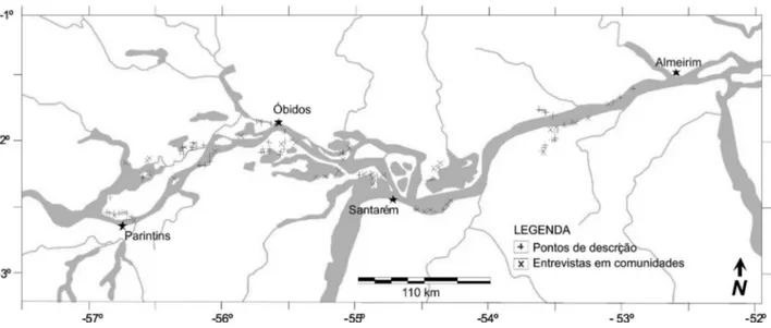 Figura 3 -  Distribuição espacial dos pontos de coleta de dados, indicando descrição de pontos de campo (+) e entrevistas em comunidades ribeirinhas (x).
