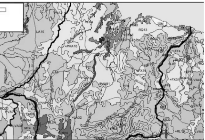 Figura 3 -  Mapa parcial de solos do Estado do Maranhão, IBGE (2008). PVA:  Argilossolo vermelho amarelo; LV: Latossolo Vermelho; LA: Latossolo Amarelo;  FX: Plintossolo Háplico; FF: Plintossolo Pétrico; RL: Neossolo Quartzarênico;  RQ: Neossolo Litólico; 