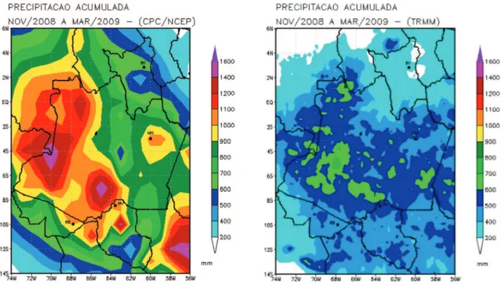 Figura 3 -  Precipitação acumulada observada pelo NCEP e a estimada pelo TRMM, dia 26 de dezembro de 2008 na Amazônia Ocidental