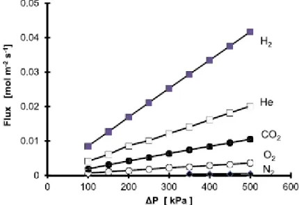 Fig. 10 -  Permeation fluxes through membrane c-CMSM- 500-5m (activated  at 200  o C) as a function of the relative feed pressure at 60  o C and for different  single  gases 