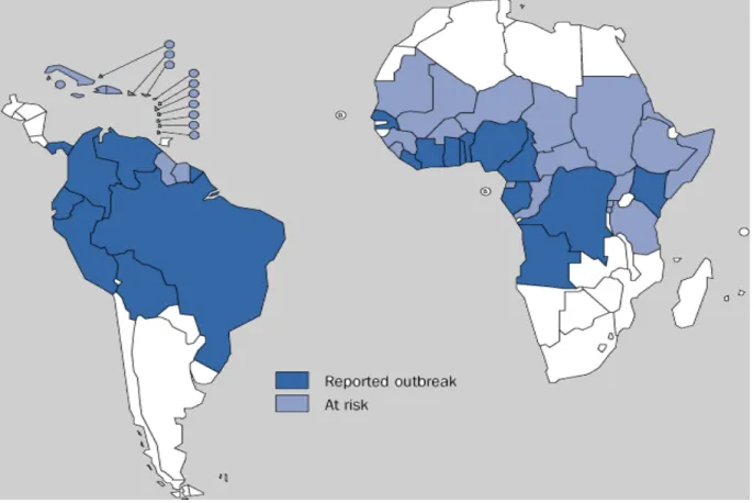 Figura  1.  Áreas  sob  risco  de  febre  amarela  e  países  que  reportaram  epidemias