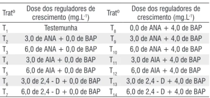Tabela  1  –	 Concentrações	 e	 combinações	 de	 BAP,	 ANA,	 AIA,	 e	 2,4-D,	