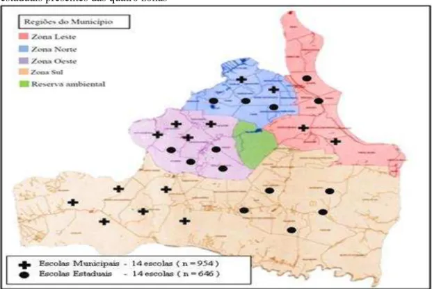 Figura 2: Regiões do Município de João Pessoa, com a distribuição das escolas municipais e  estaduais presentes das quatro zonas 