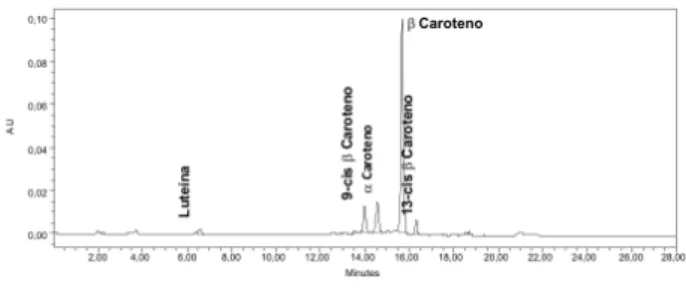 Figura 1 – Cromatograma dos carotenóides do Buriti (Mauritia flexuosa L.)  para o tempo t 0 , com o tempo de retenção de α e β-caroteno e luteína.