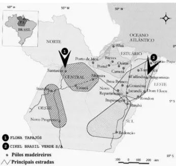 Figura 1 - Pólos madeireiros no Estado do Pará. Áreas de estudo localizadas 