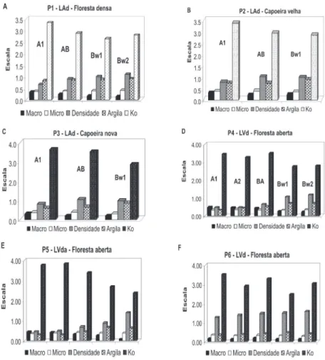 Figura 8 - Gráfico representativo da macroporosidade (m 3  m -3 ), microporosidade (m 3  m -3 ), densidade (Mg m -3 ), teor de argila (g g -1 ) e condutividade hidráulica  saturada – Ko (cm dia -1 )