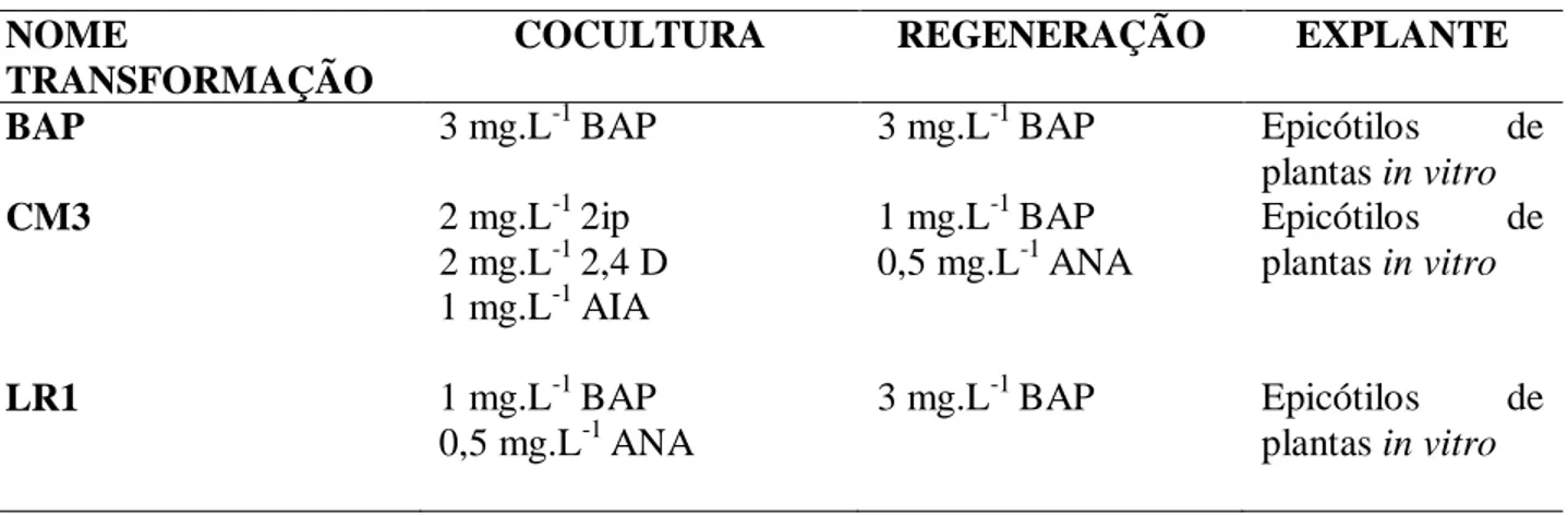 Tabela 2: Protocolos utilizados para a transformação genética de plantas. 