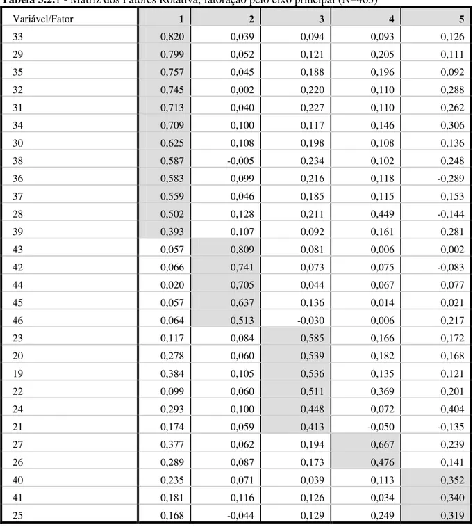 Tabela 5.2.1 - Matriz dos Fatores Rotativa, fatoração pelo eixo principal (N=463) 