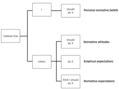 Figure 6. Examples of positive statements that express beliefs: personal normative beliefs, normative attitudes, empirical  expectations, and normative expectations (adapted from Bicchieri 2017a; 2017b).