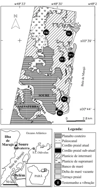 Figura 1 – Mapa morfológico da área de estudo e localização dos testemunhos