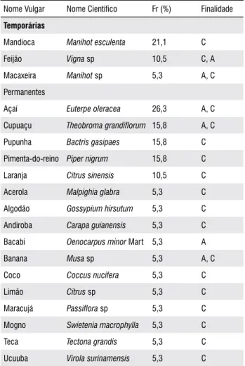 Tabela 4 - Abundância e composição florística de 21 sistemas agroflorestais  (SAF) estudados em áreas de agricultores familiares de Igarapé-Açu, Pará