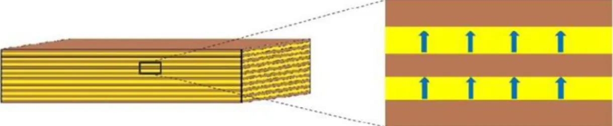 Figura  2.1. – Fenómeno de expansão da massa folhada. As camadas castanhas representam a massa base e as  camadas amarelas representam a margarina