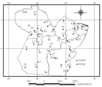 Figura 1 - Localização geográfica das Estações Climatológicas do INMET e das estações pluviométricas da ANEEL utilizadas no trabalho