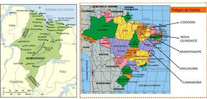 Figura 2.2 - Cidades que compõem o Pólo da Gipsita: Codó/Ma, Nova Olinda/Ce, Araripe/PE, Grajaú/Ma,  Camamú/Ba