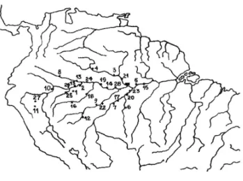 Figura 1 -  Solanum sessiliflorum. Origem e localização geográfica de 28 etnovariedades de cubiu: Brasil: 1