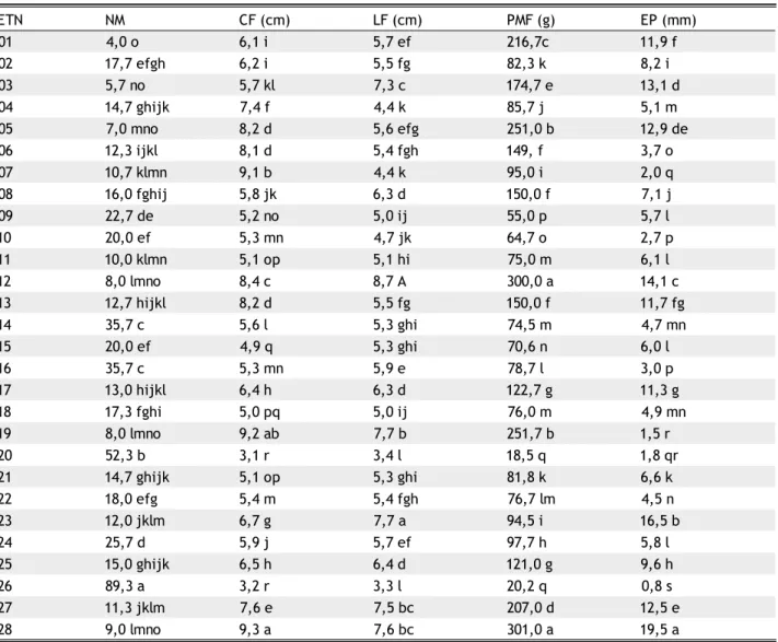 Tabela 1 -  Valores médios de caracteres morfológicos quantitativos avaliados em etnovariedades de cubiu (S