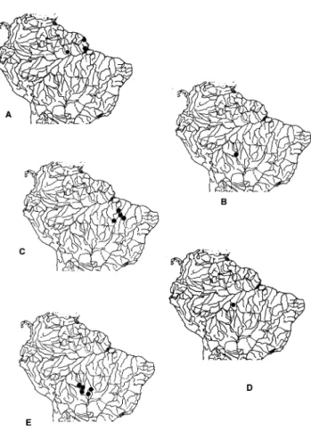Figura 9 - a-e- Mapa de distribuiçao das espécies de Shelleyellum nov. gen. a- Shelleyellum damascenoi; b- Shelleyellum guaporense; c- Shelleyellum lourencoi; d- Shelleyellum tergospinosum; e- Shelleyellum siolii.