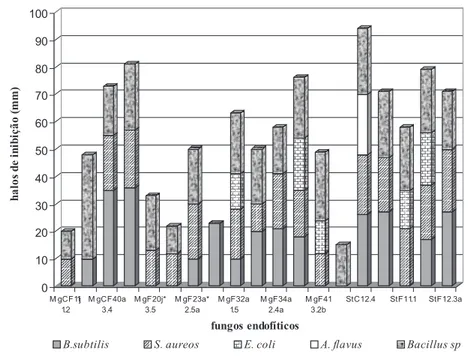 Figura 1 - Resultado dos ensaios de antagonismo in vitro pelos metabólitos extracelulares de linhagens fúngicas endofíticas de S