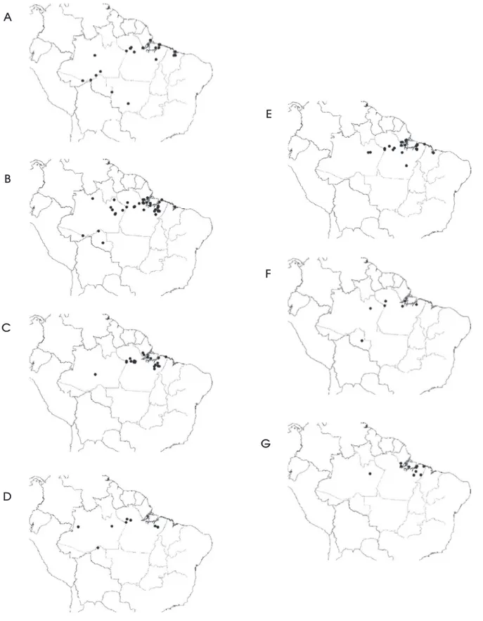 Figura 8 - Áreas de distribuição, na Amazônia brasileira, das sete espécies de Leguminosae comercializadas no Estado do Pará como angelim