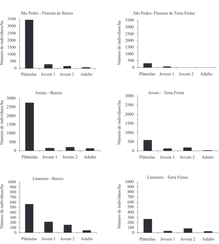 Figura 4 - Estrutura populacional de Euterpe precatoria nas Florestas de baixio (1 ha) e de terra firme (1 ha) dos sítios São Pedro,