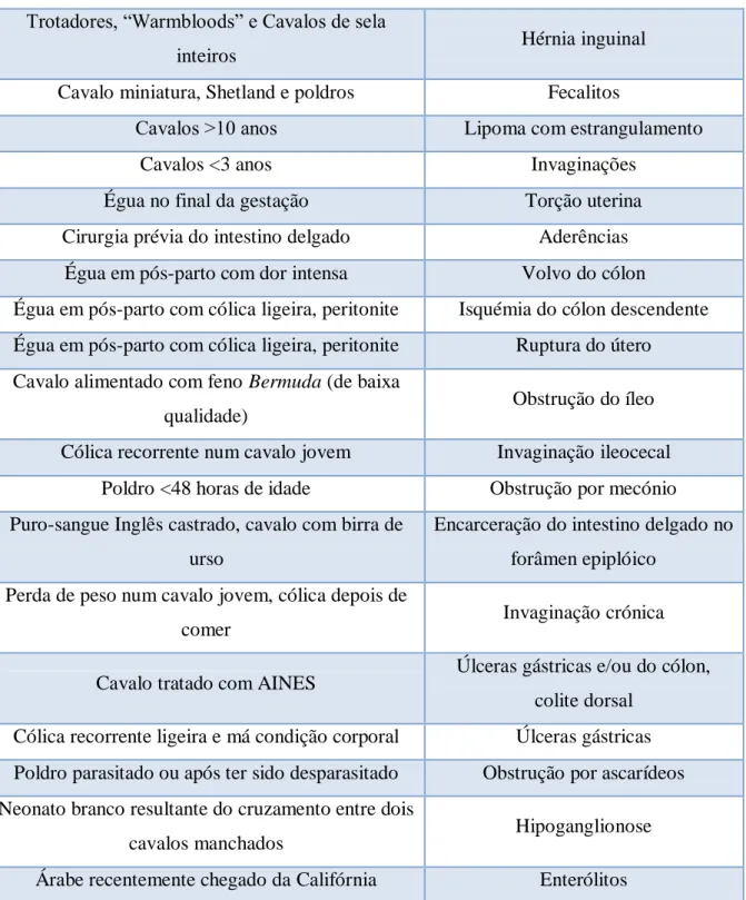 Tabela 4 - Associações entre tipos de cavalos e doenças (Freeman, 2010a)  Trotadores, “Warmbloods” e Cavalos de sela 