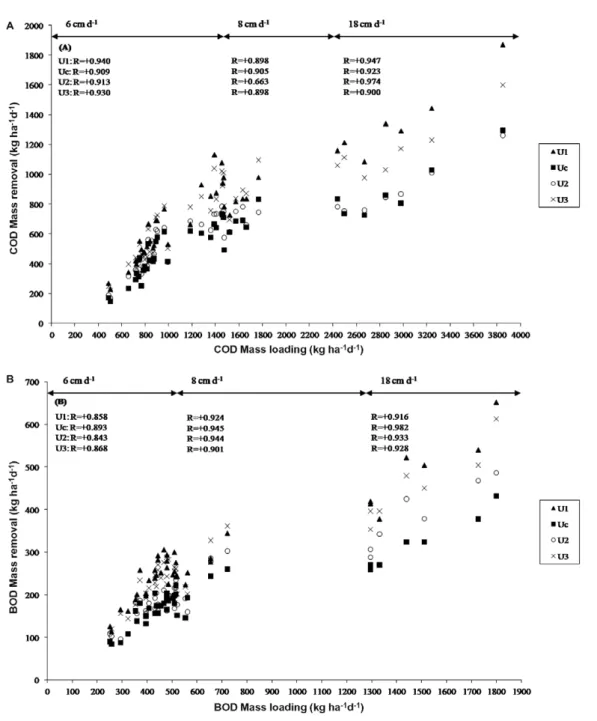 Fig. 3. Removal of organics during system operation. (A) COD mass loading vs. COD mass removal and (B) BOD 5 mass loading vs