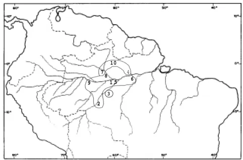 Figura 1 -  Distribuição geográfica das populações estudadas de caiaué (Elaeis oleifera (Kunth) Cortés) e agrupamento segundo tamanho do pólen