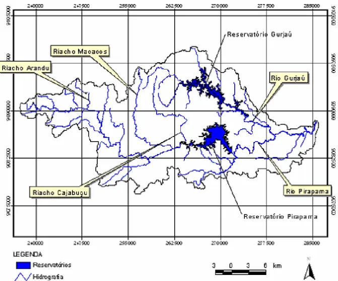 Figura 2.1 - Hidrografia, localização dos principais rios e reservatórios da bacia do rio  Pirapama