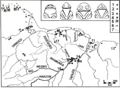 Figura 3. Localização das regiões onde os muiraquitãs e outras formas batraquianas teriam sido  encontrados, segundo Boomert (1987).