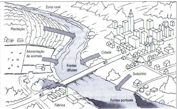 Figura 4 – Poluição da água por fontes pontuais e difusas. Fonte: Braga et al. ( 2000)