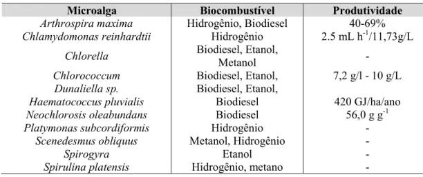 Tabela 1.5 – Produtividade de biocombustíveis por diferentes microalgas. 