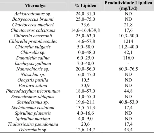 Tabela 1.6 – Produtividade lipídica de diferentes espécies de microalgas. 