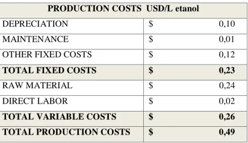 Table 6. Production costs of ethanol from empty fruit bunch palm in Ecuador PRODUCTION COSTS  USD/L etanol  